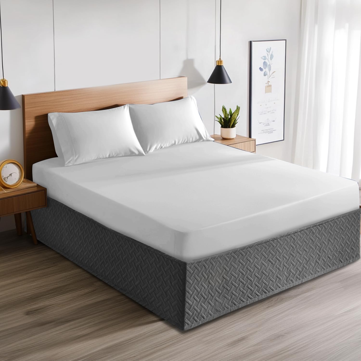 Box Spring Cover, Wrap Around Box Spring Cover King Size,16 Inch Quilted Drop Dust Alternative for Bed Skirt with Elastic Belts,Three Fabric Sides, Easy Fit (Charcoal, King)