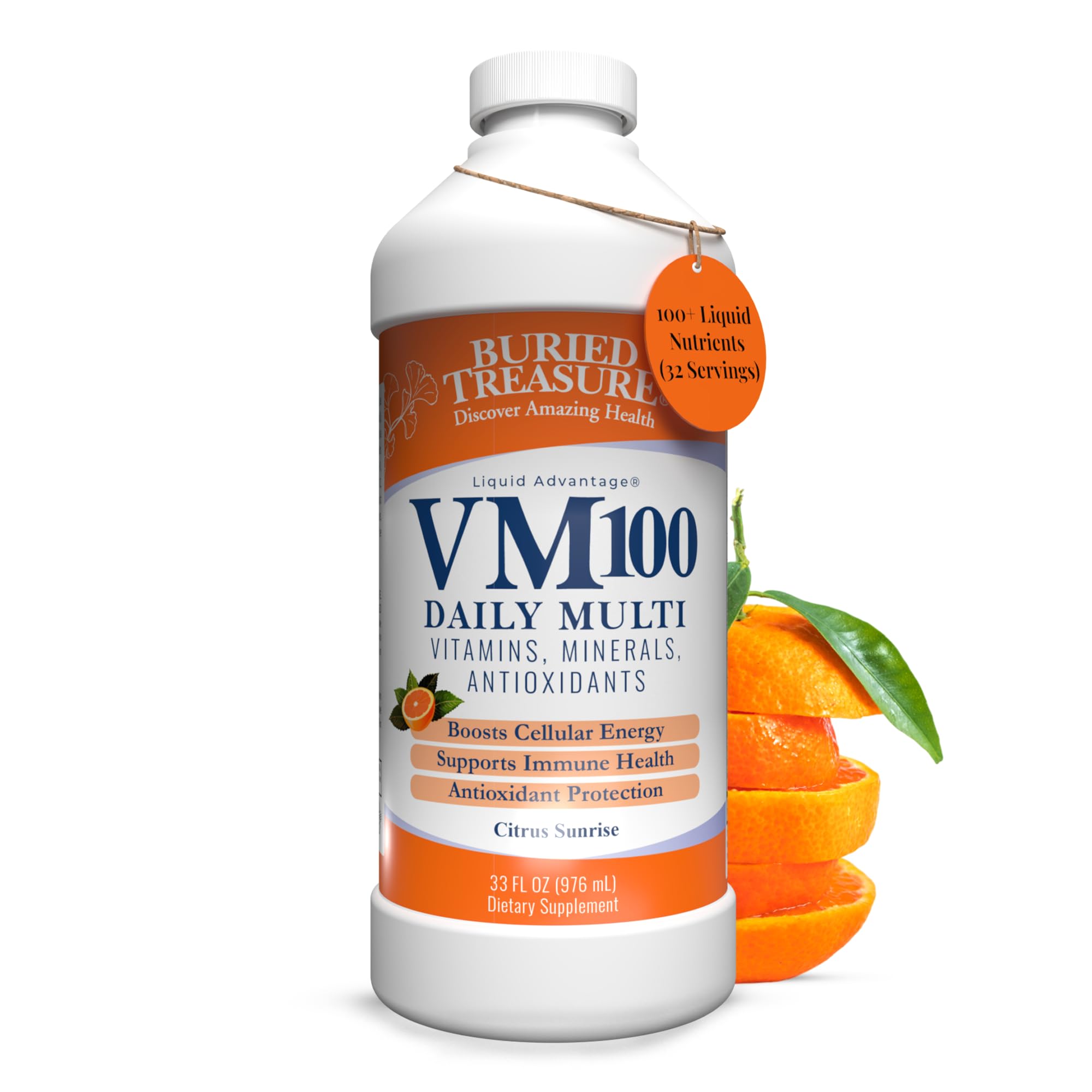 Buried Treasure VM100 Complete Daily Liquid Vitamins and Minerals plus Antioxidants Supplement for Maximum Absorption Great Tasting Orange Zest Flavor 32 Servings 32 Ounce