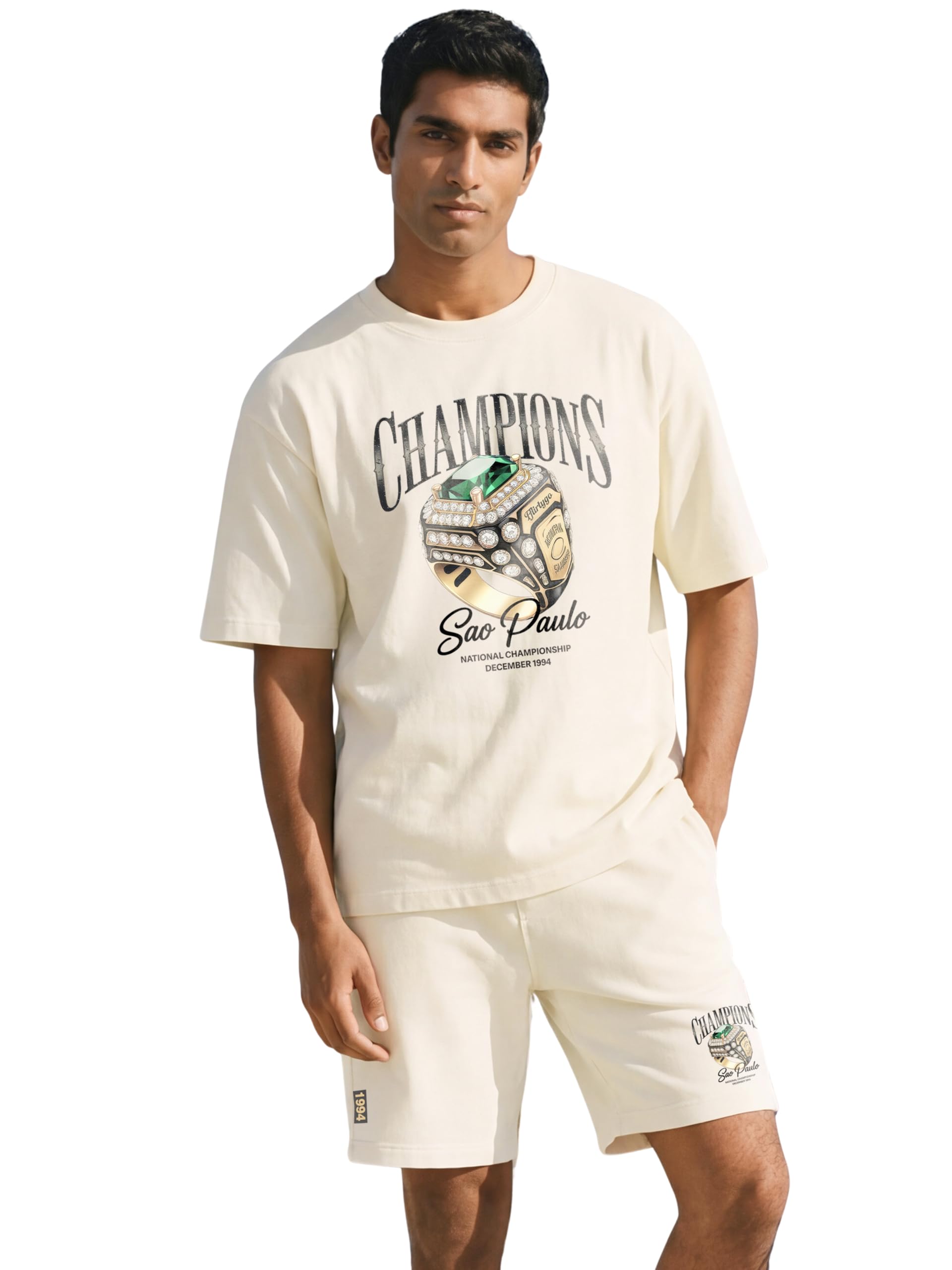 fflirtygo Men's AirEase Summer Coord Set | Champions | 240 GSM Cotton Terry Oversized T-Shirt & Shorts | 2 Deep Pockets | S to 6XL | Off White, S-picture-32