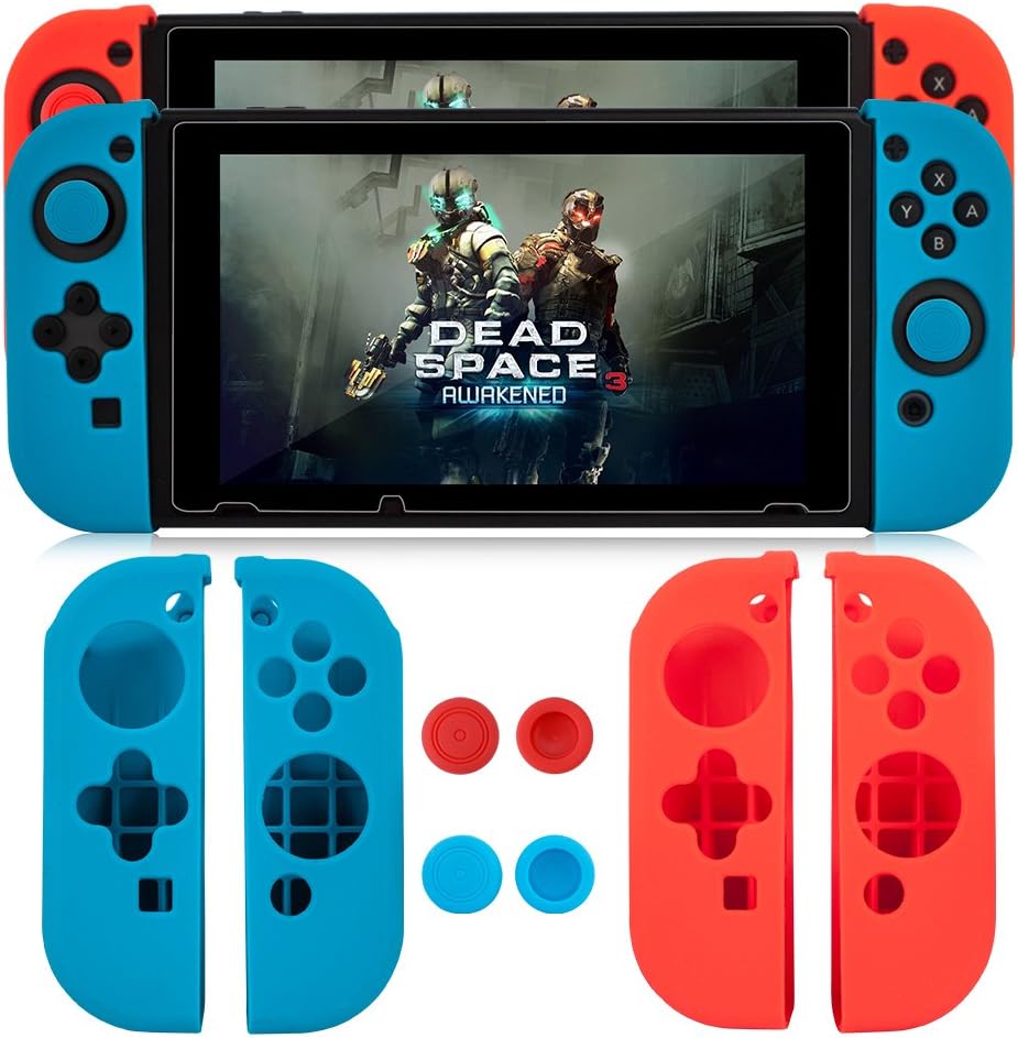 Silicon Case for Nintendo Switch Joy-Cons Gamepad , CBSKY Soft Anti-slip Silicone Protective Cover Skin with 4pcs Thumb Grips Caps for Nintendo Switch Joy-Con Controller(Red + Blue)