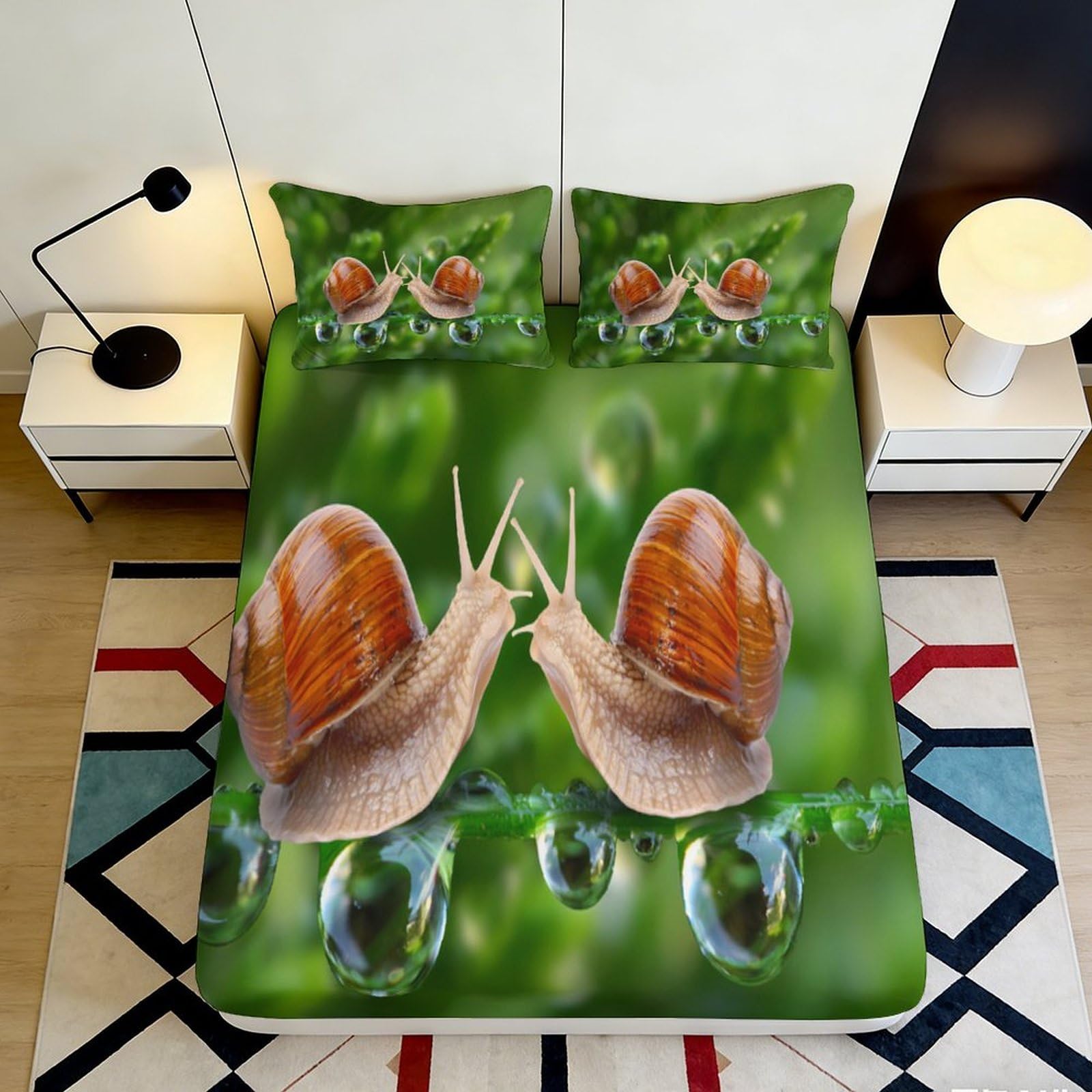 3D Printed Snail Nature Fitted Sheet Microfiber Soft Mattress Cover Animal Green Bed Decor for Bedroom Guest Room 90x200x25cm