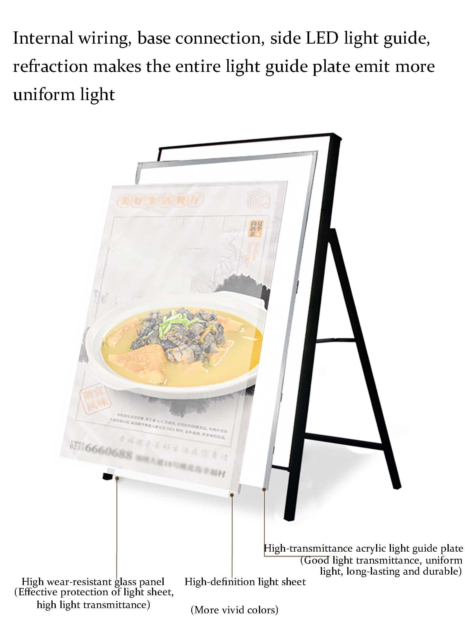 Podświetlana tablica menu Skrzynka świetlna LED, stojak reklamowy podłogowy, jednostronnie podświetlany stojak na plakaty LED, składany Ramka menu(80 * 120cm)