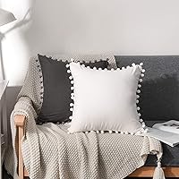 Vista 4 de CAWANFLY Set of 2 Decorative Throw Pillow Covers with Cute Pom Pom, Square Soft Cushion Case Home Decor for Couch Sofa Bed (White, 16x16 Inch)