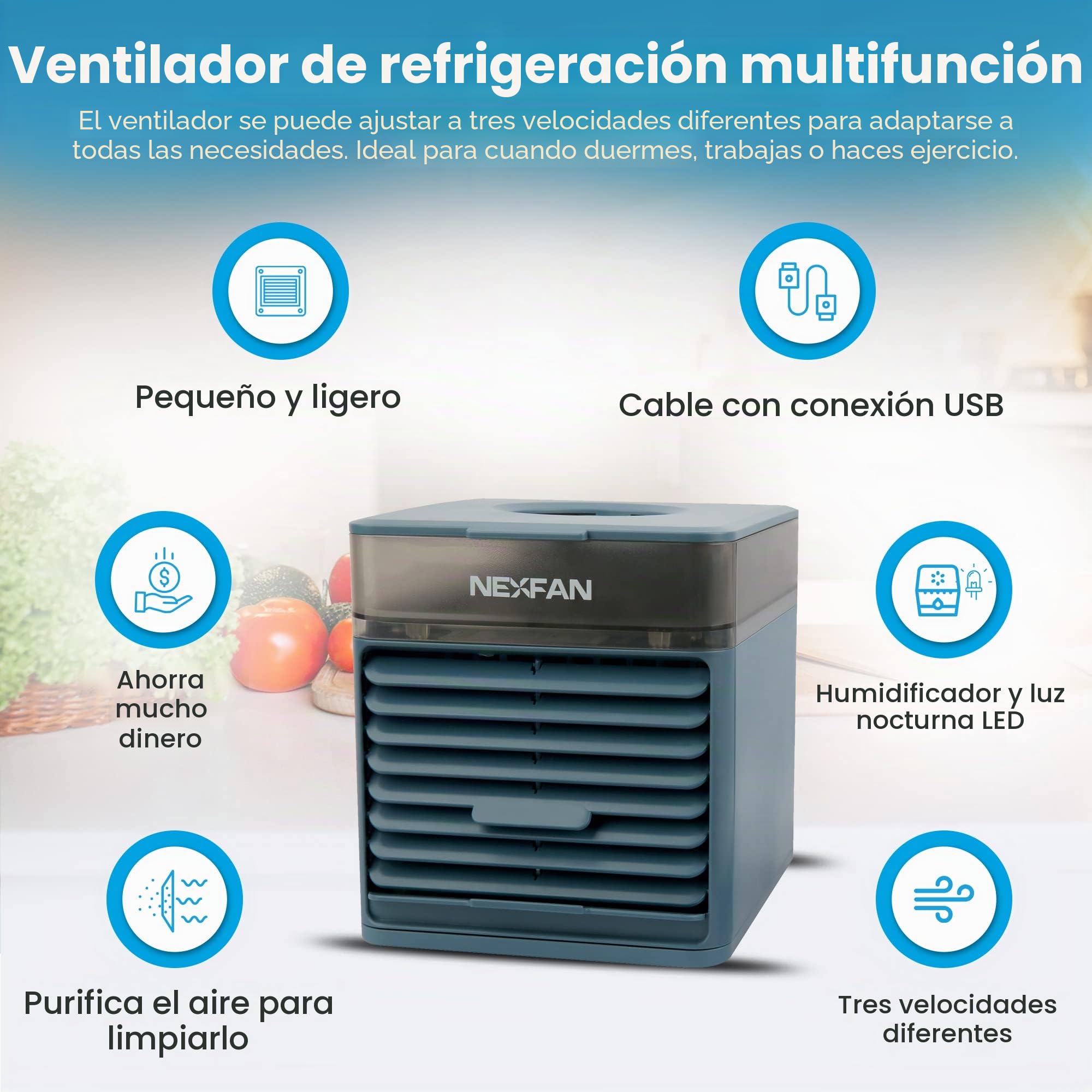 Nexfan EVO PRO Aire Acondicionado Portátil Mini 3 en 1 Aire Acondicionado USB Enfriador de Aire y Humidificador 3 Velocidades Ajustables, Luces LED Ventilador para Hogar y Oficina, Azul