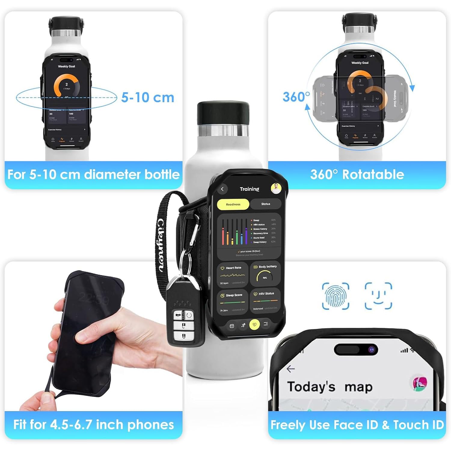 Cikyner Cinghia Bottiglia Acqua con Maniglia, 360° Girevole per Cellulare | Supporto rimovibile per bottiglie da 5-9 cm e telefoni 4,5-7". Ideale per palestra, corsa e allenamento