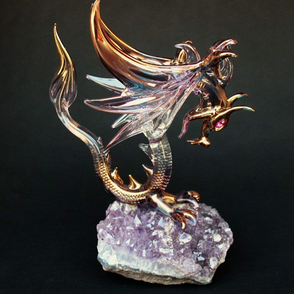 Dragon Figurine of Hand Blown Glass Winged Flying