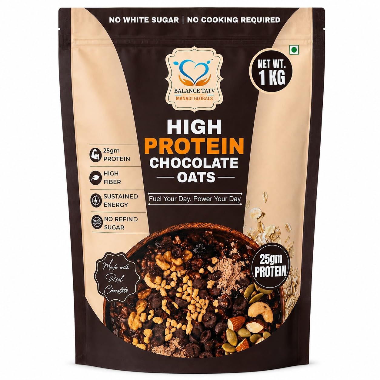 Balance Tatv High Protein Chocolate Oats 1kg | 25g Protein | High Fiber | Made with Real Chocolate | No White Sugar | No Cooking Required | Healthy Breakfast | Energy Boosting Oats with Nuts & Seeds-image-12