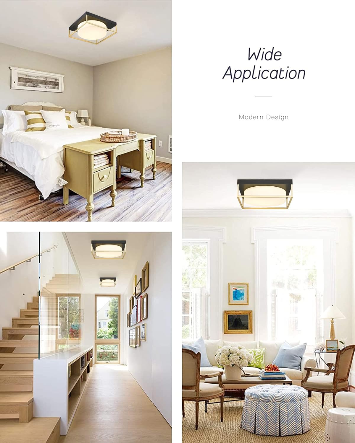 CALDION LED Ceiling Light, 12” 24W Square Flush Mount Ceiling Light Fixture, Dimmable 3000K,Matte Black Finish Gold Metal Frame with Frosted Glass, 6870FM-GD+BK