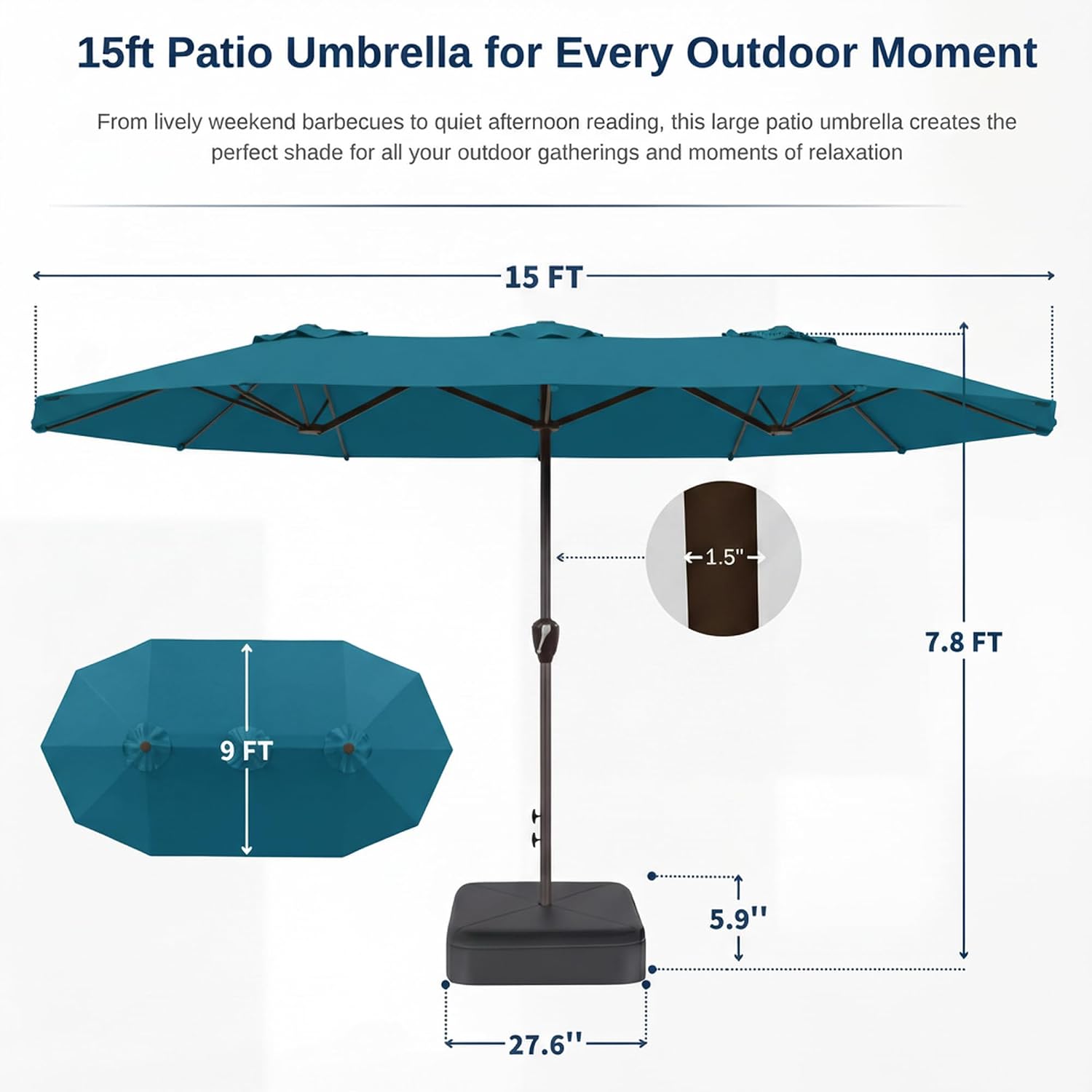 15FT Large Patio Umbrella with Base, Double Sided Rectangular Outdoor Umbrella with Sturdy Fiberglass Ribs, UPF 50+ Sun Protection, Wind-Resistant, Waterproof Fade-Resistant Fabric for Pool, Garden, Backyard, Deck(Lake Blue)