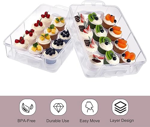 Miniatura 3 de BTSKY Soporte para cupcakes de plástico transparente de 2 niveles con tapa y asas, portador portátil para 24 cupcakes, contenedor de almacenamiento