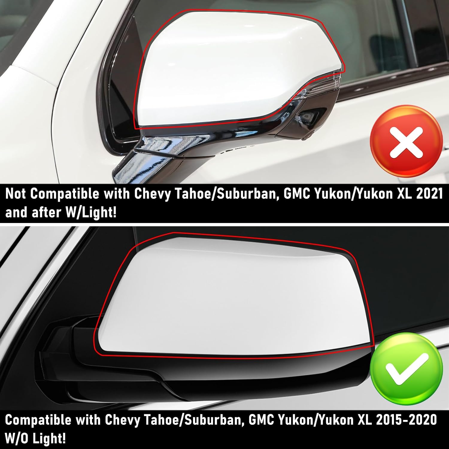 Moonlinks Compatible with Chevy Tahoe/Suburban GMC Yukon/Yukon XL 2015-2020 Mirror Cover , White Left & Right Side Clip-on Mirror Cap WITHOUT Turn Signal for Cadillac Escalade 2015-2019