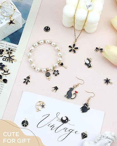Miniatura 5 de 30 dijes de esmalte negro surtidos para aretes, collares, pulseras, fabricación de joyas y manualidades, Acero aleado, No es una piedra preciosa