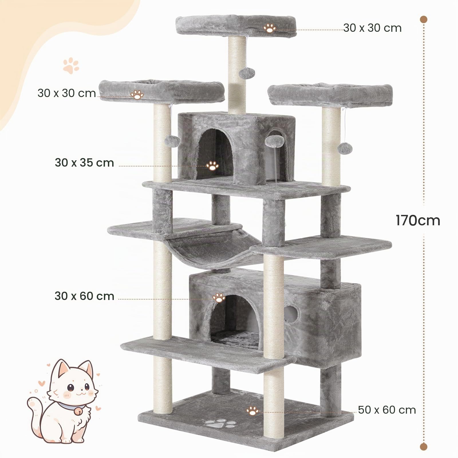 MSmask Rascador grande XXL, 175 cm, estable con 3 plataformas de observación, para gatos grandes, columna rascador con sisal, gris claro