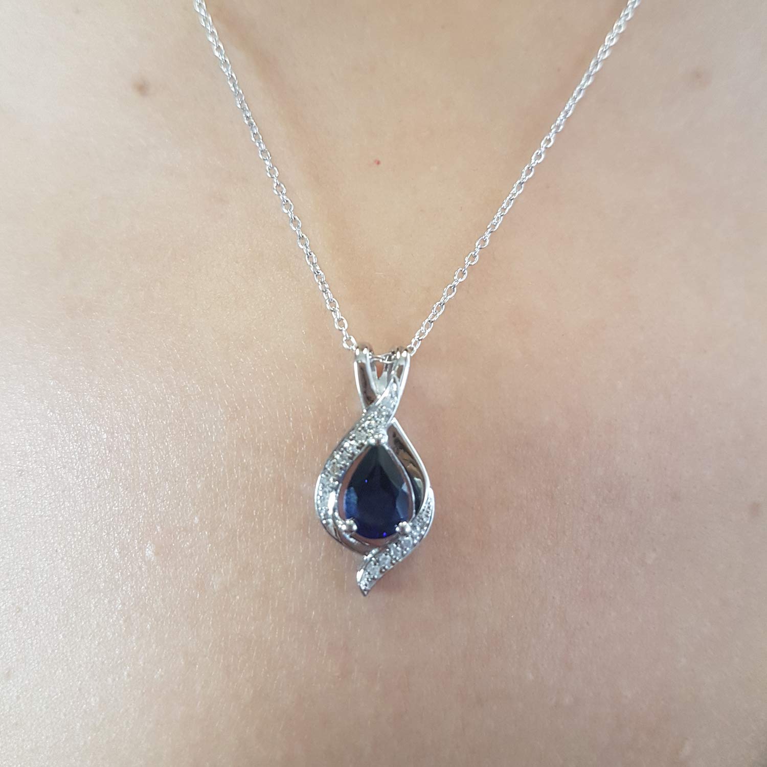 Dazzlingrock Collection 10K White Gold Teardrop Pendant - 9x6mm Lab-Created White Sapphire & 0.10ct Natural Diamond (Includes 18" Chain) - View #5