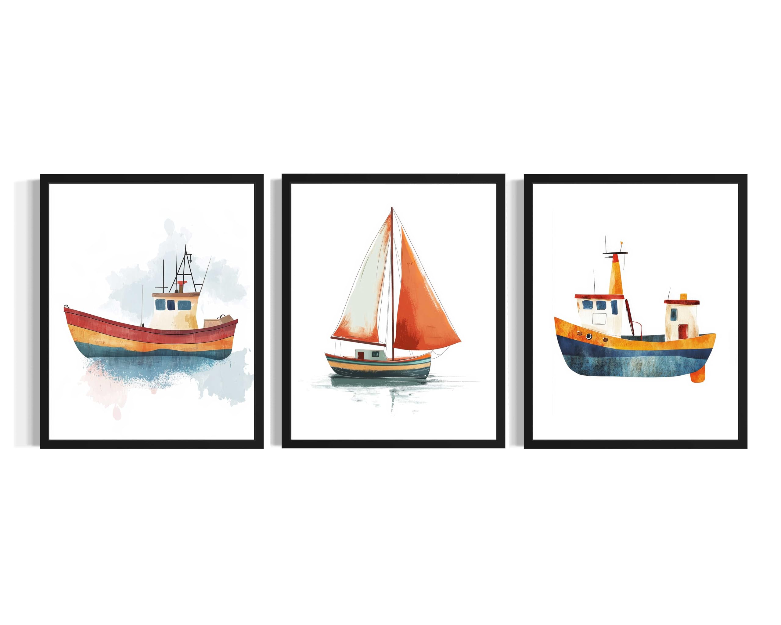 Póster de impresión artística para guardería con diseño de barco en set de 3 cuadros 6