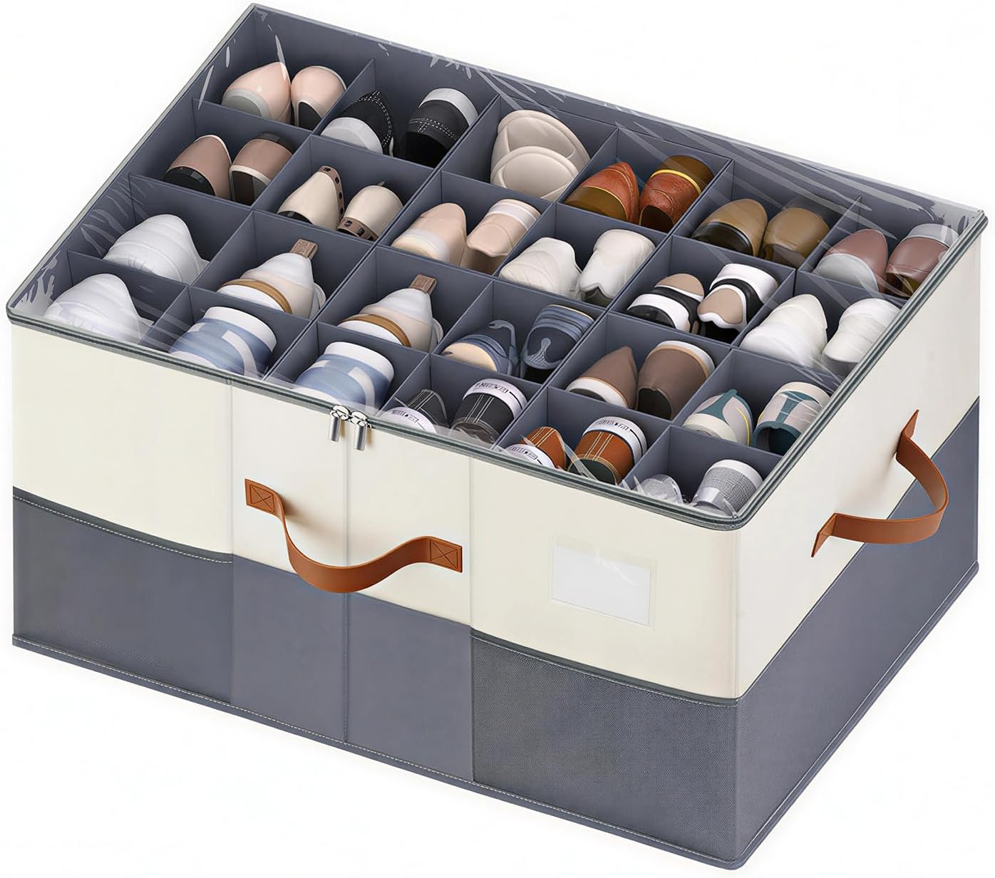 1 Pack Shoe Organizer for Closet Fit 12-24 Pairs with Adjustable Dividers, Large Foldable Shoe Storage Containers Box Bin w with Clear Lid and 4 Handles,with 2 mesh pockets,with Category Lable