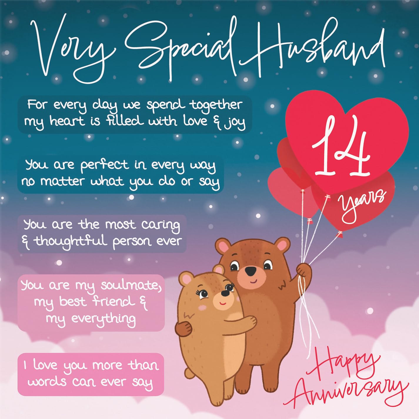 Hunts England - 14th Anniversary Card for Husband - Starry Night, Cute Bears, Romantic Poem, 14th Husband, Standard (148 x 148 mm) - Image 2