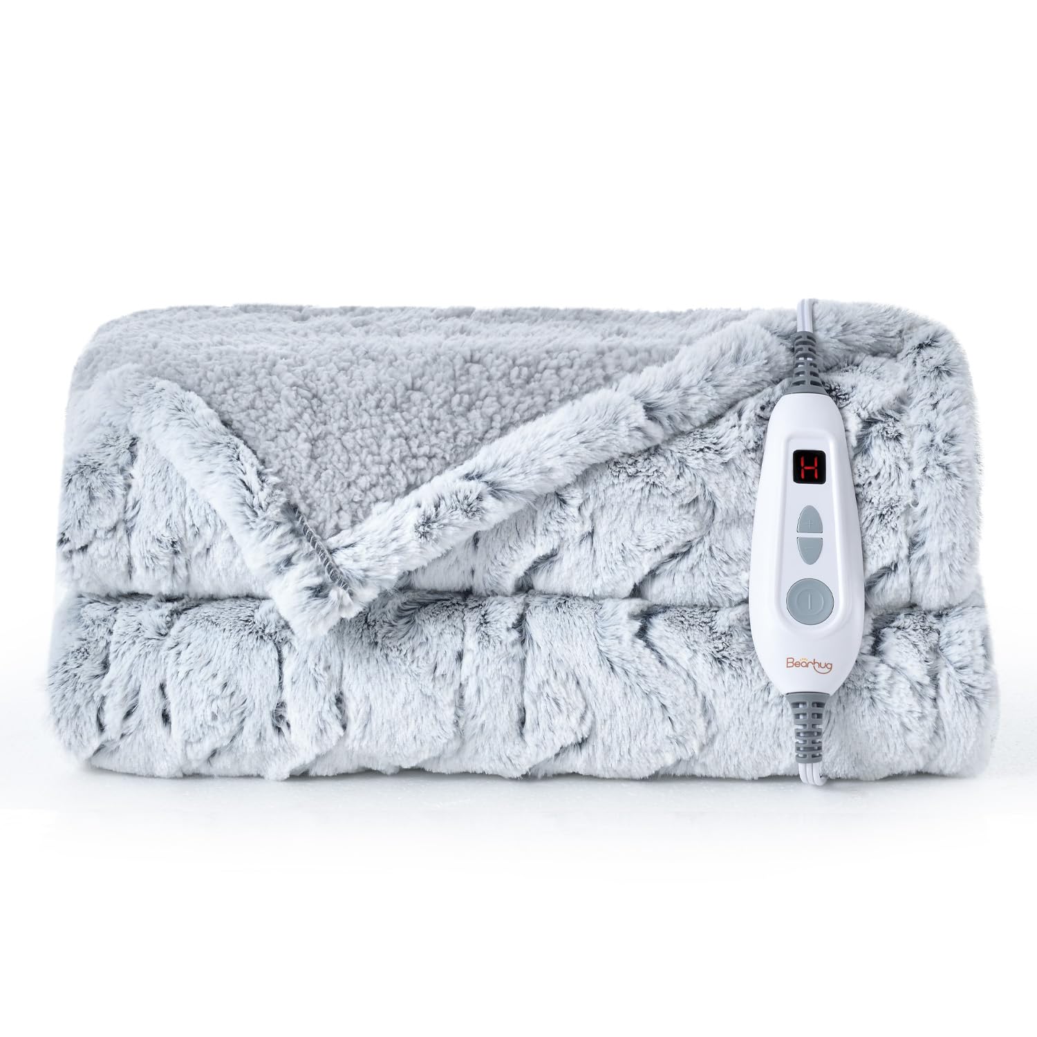 bearhug heated throw blanket, 50”×60” electric throw, 4 hours auto-off timer&6 heating levels, cozy faux fur& soft sherpa, etl certified, machine washable, 5-year warranty