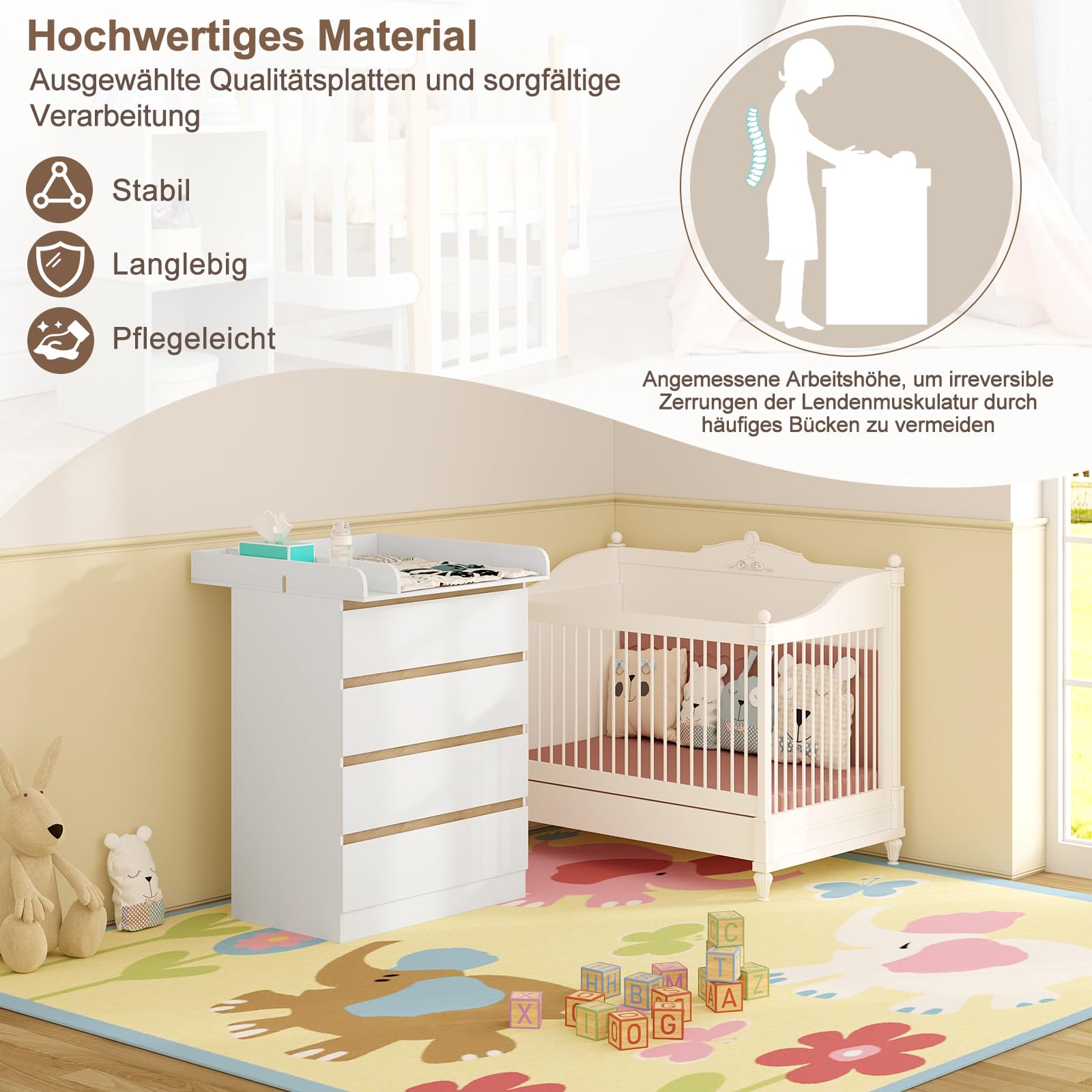 WOLTU Wickelkommode mit abnehmbarem Wickelaufsatz, 4 Schubladen, Höhe 110 cm, Weiß