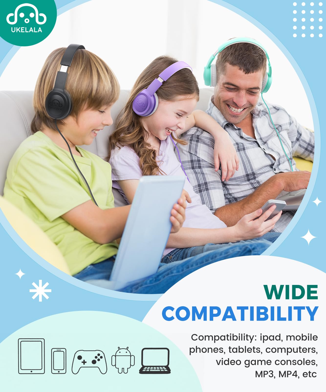 UKELALA C3 - Auriculares con cable para niños, auriculares con cable para niños y niñas con conector de 3.5 mm, plegable, diadema ajustable, auriculares para niños, para escuela, hogar, avión,