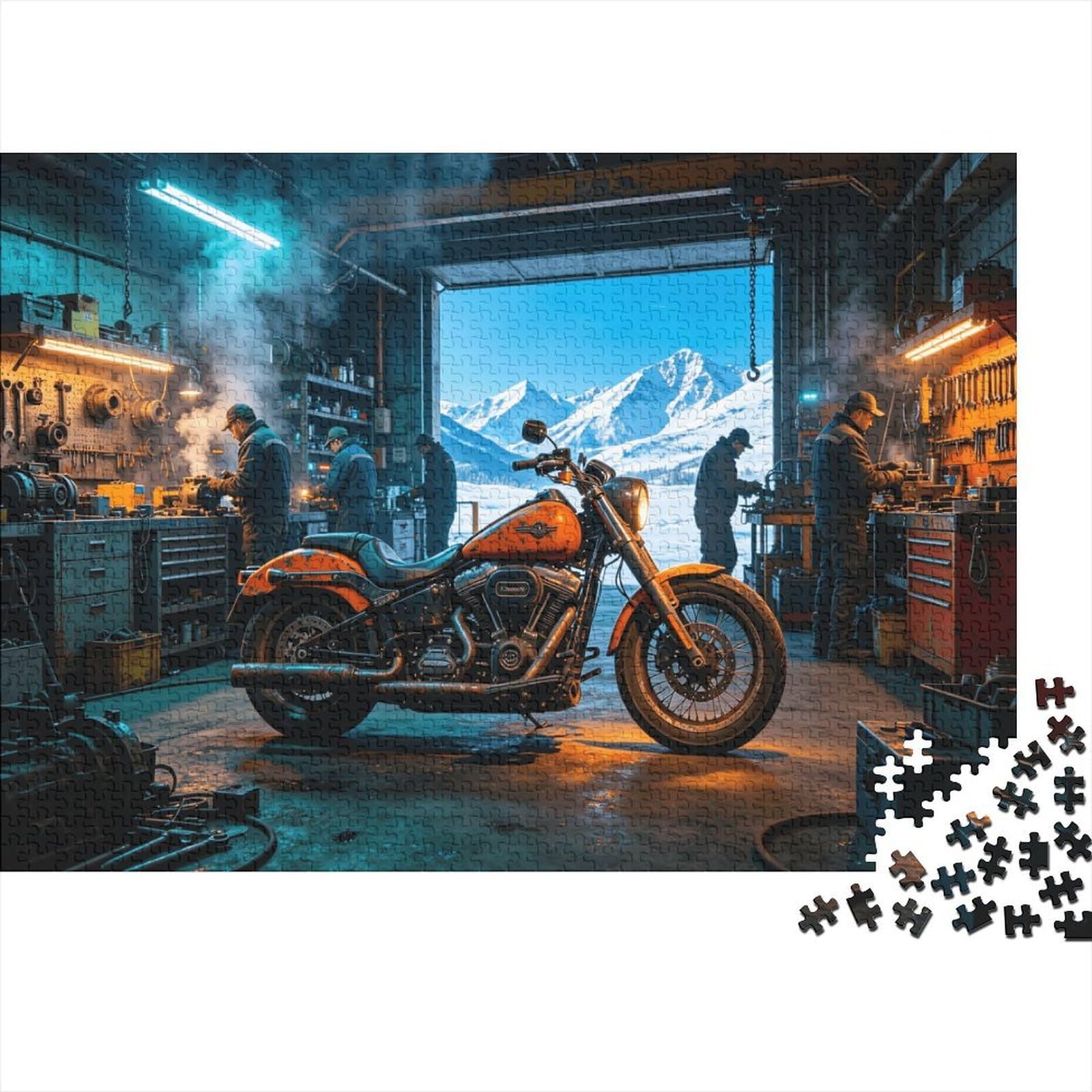 Workshop Motorbike Adult Jigsaws 1000 Piece Recycled Material Grunge Garage Art Jigsaw Puzzles Puzzle Game Props Party Game Props Great Gift Idea for Women 52x38cm/1000pcs