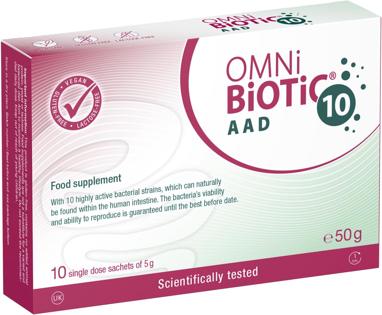 OMNi BiOTiC 10 AAD | Probiotic for Antibiotics | Use During and After Any Course of Antibiotics | 10 Sachets (50 g) | Powder | with Inulin | Vegan | Gluten-Free | Lactose-Free