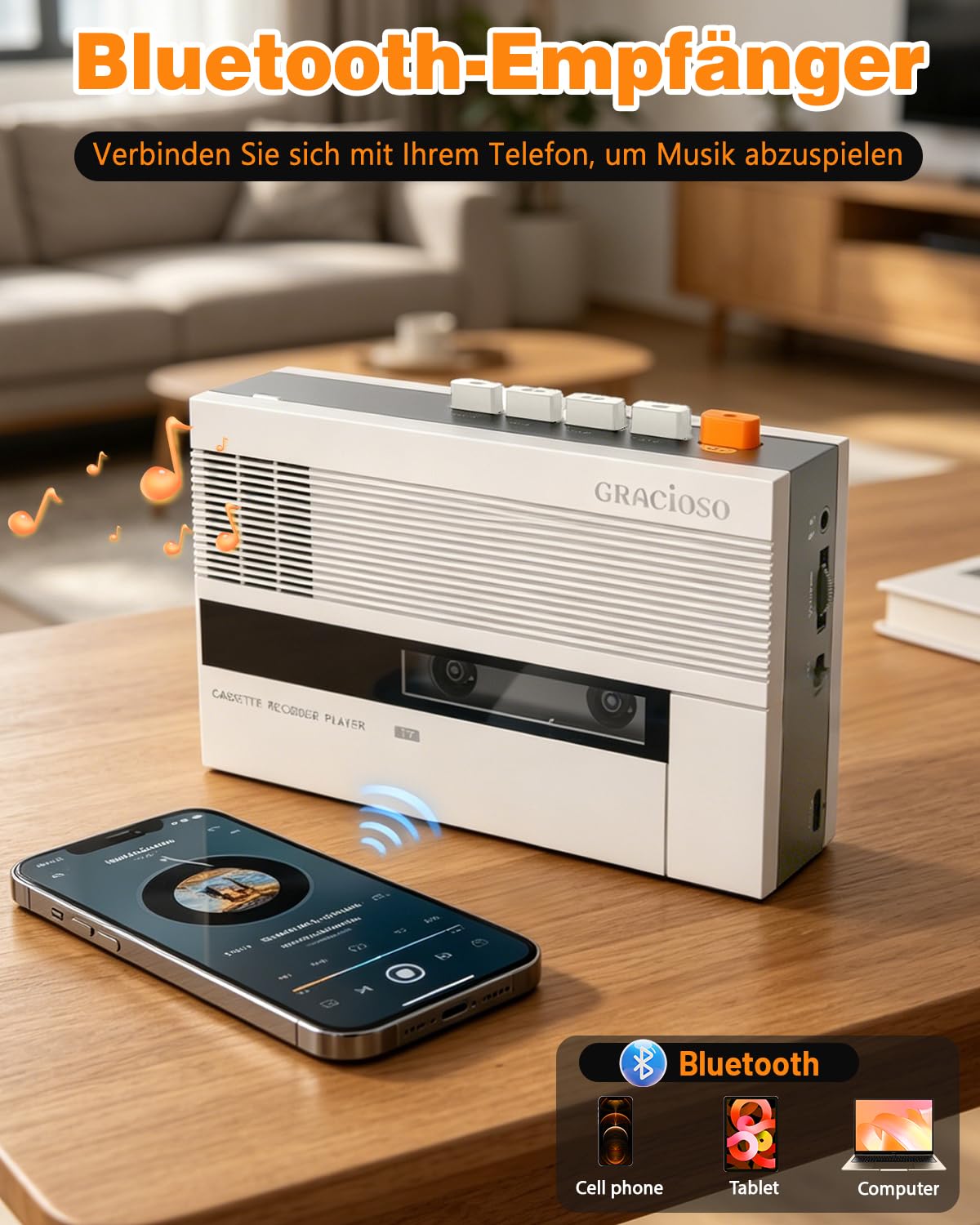 Tragbarer Kassetten-Player mit Bluetooth Sender & Empfänger, 2000mAh wiederaufladbar, Kassettenrekorder für Sprache & Bluetooth Musik, integrierter Lautsprecher, 3,5 mm Kopfhöreranschluss