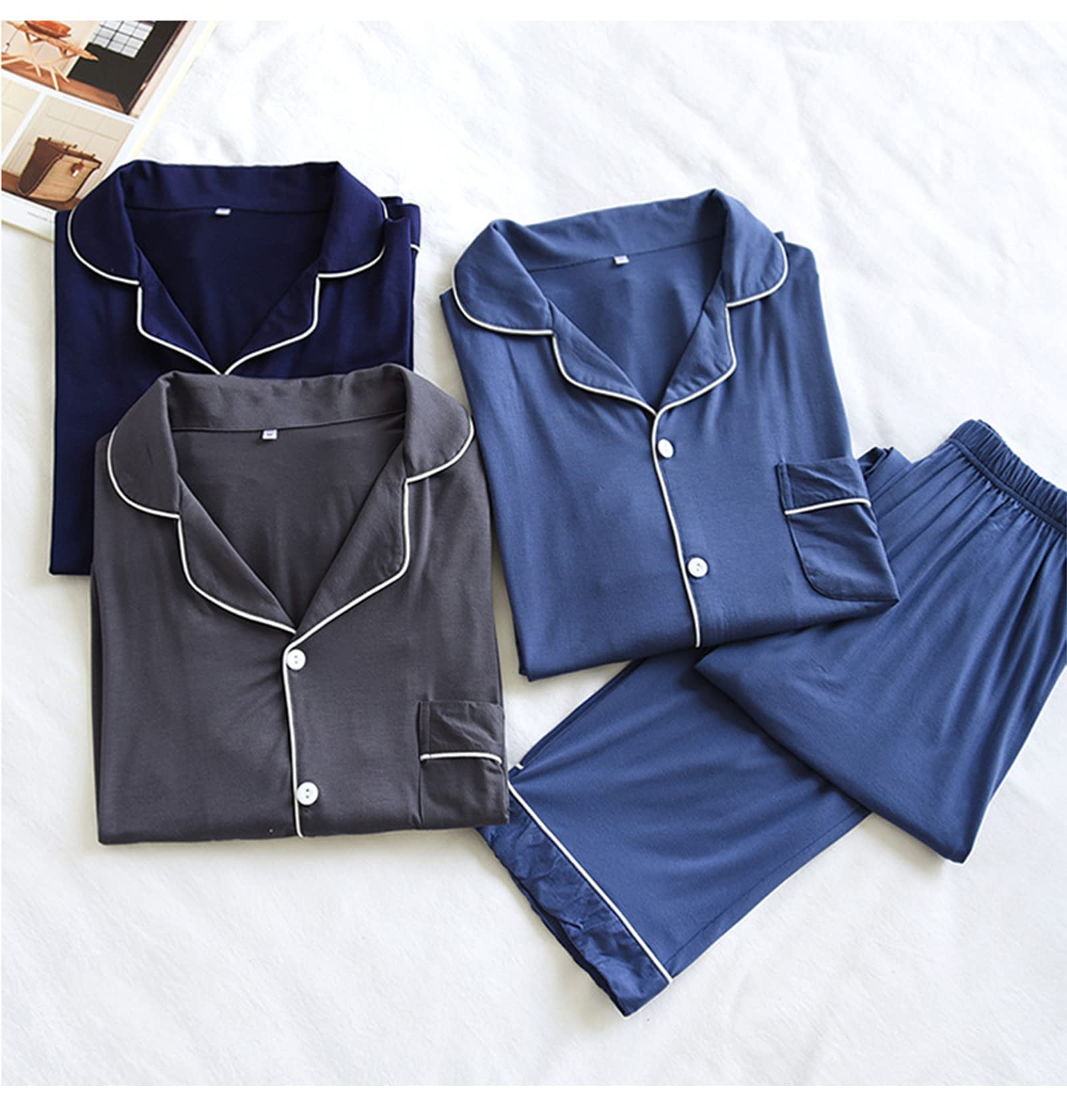 Conjunto de Pijama para Hombres 2 Piezas de Modal Ropa de Dormir de botón de Manga Larga PJ Set