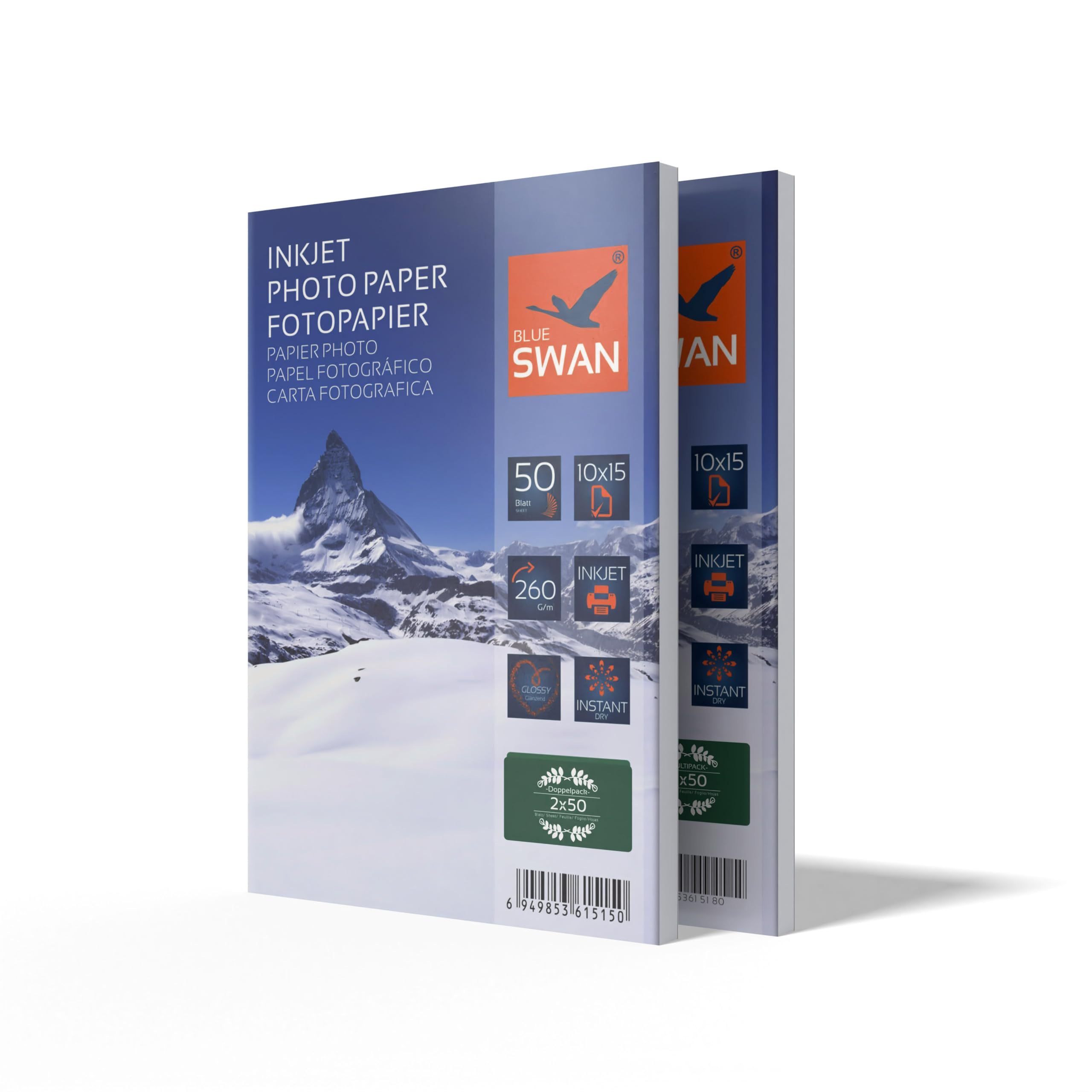 BLUE SWAN Carta Fotografica Lucida 10×15 cm, 260 g/m², 100 Fogli (2×50) – Rivestimento Monolato, Asciugatura Rapida, Resistente all’Acqua e ai Graffi, Colori Brillanti e Definiti
