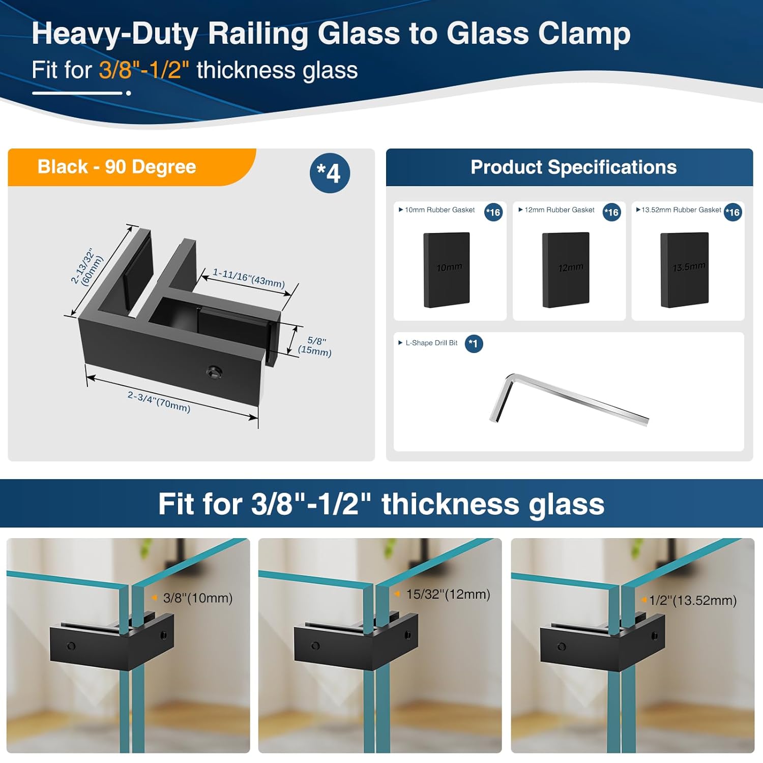 4 Pack Black 90 Degree Railing Glass to Glass Clamp No Drilled Required, T304 Railing Clip Fit for 3/8"-1/2"(10mm-13mm) Thinkness Balustrade, Double Sided Bracket Holder for Fence, Balcony Deck