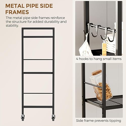 Miniatura 6 de Estante de almacenamiento de metal de 3 niveles con ruedas industriales, estantería de malla con mesa de madera, estante ajustable, 31.5 pulgadas de
