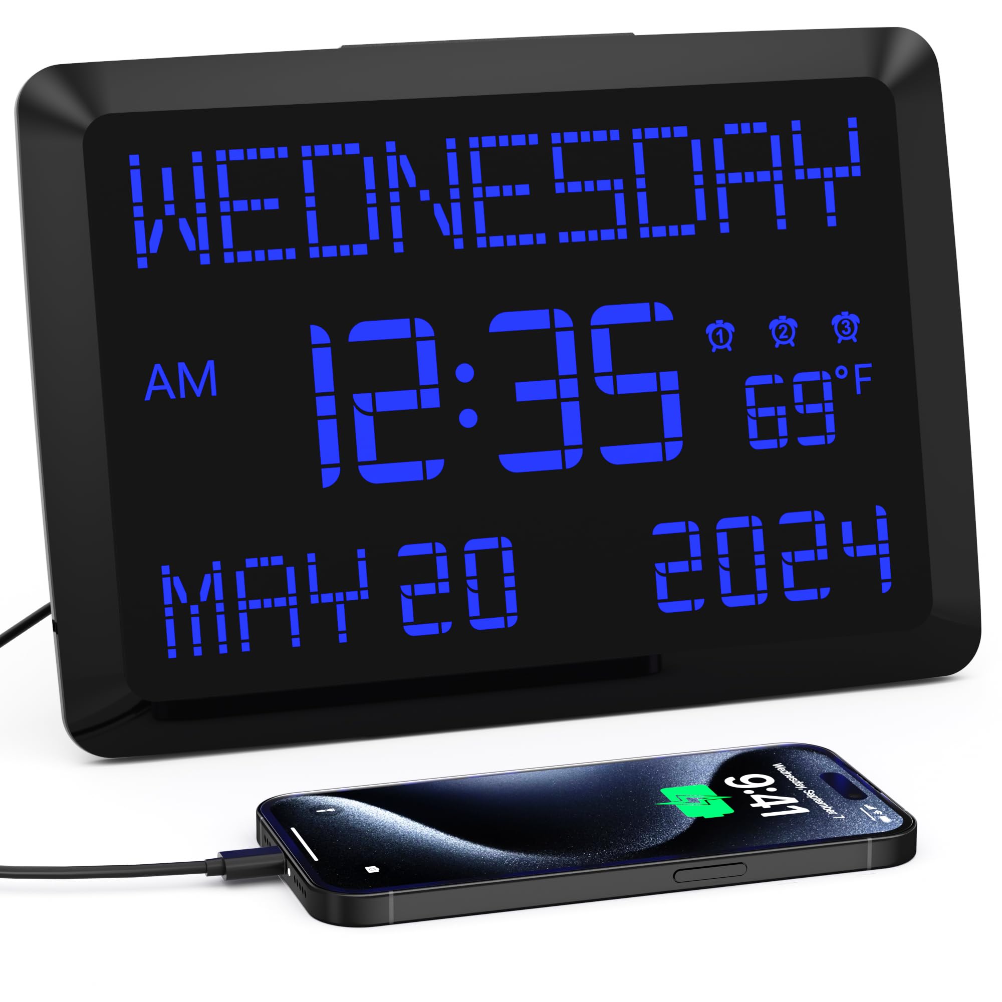 11.5” Extra Large Digital Wall Clock with Date and Day of Week , Electric Desk Clock for Seniors, Large Display Alarm Clock for Bedroom with Battery