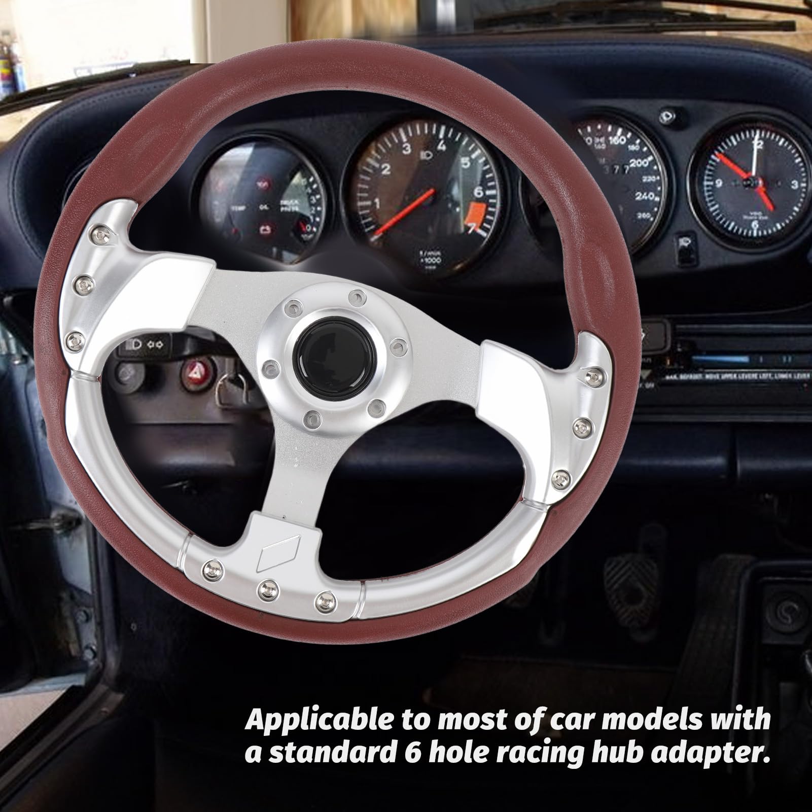 Volante 13 Pollici, Volante Stile in Pelle PU con Raggi in Alluminio, Volante Sportivo Universale per Auto a 6 Bulloni (SILVER)