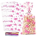 COQOFA 100 Pcs 5X11 Gift Wrap Cello Cellophane Treat Bags Party Favor bag Clear Candy Cookie Bag Plastic Poly Goodie Storage Bags with Twist Ties for Baby Shower, Birthday, Wedding ,Party Decorations(Pink Elephant)