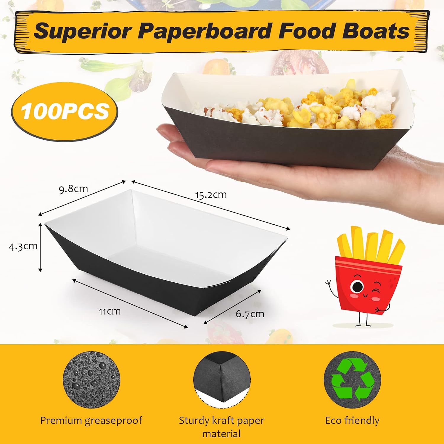 Yinkin 100 Pcs 2lb Paper Food Trays Boat Nacho Boats for Hot Dogs, Black