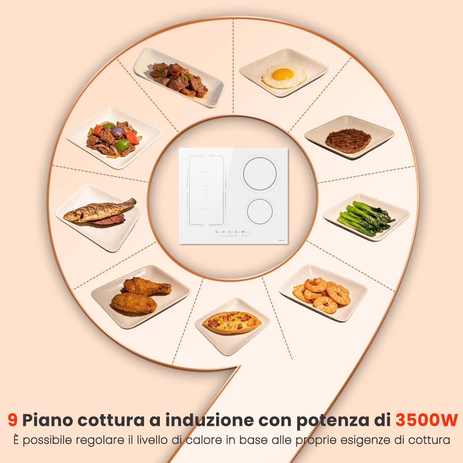 Piano Cottura Induzione Bianco 4 Fuochi con Spina, Piano a Induzione 3500W con Zona Flessibile, Funzione Boost, Timer, Pausa, Mantenimento in Caldo, Blocco di Sicurezza, 220V