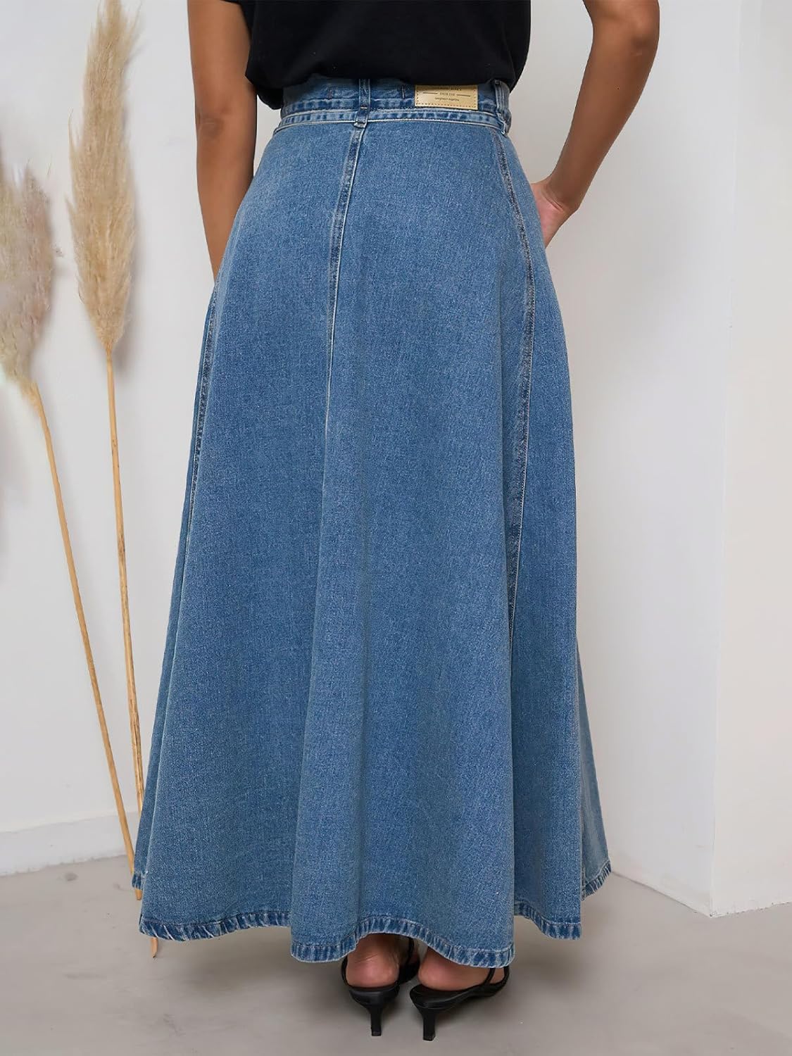 ebossy Women's Casual Pleated Tie Waist Denim Maxi Skirts Zipper Fly Flare A Line Stretch Long Jean Skirts with Pockets
