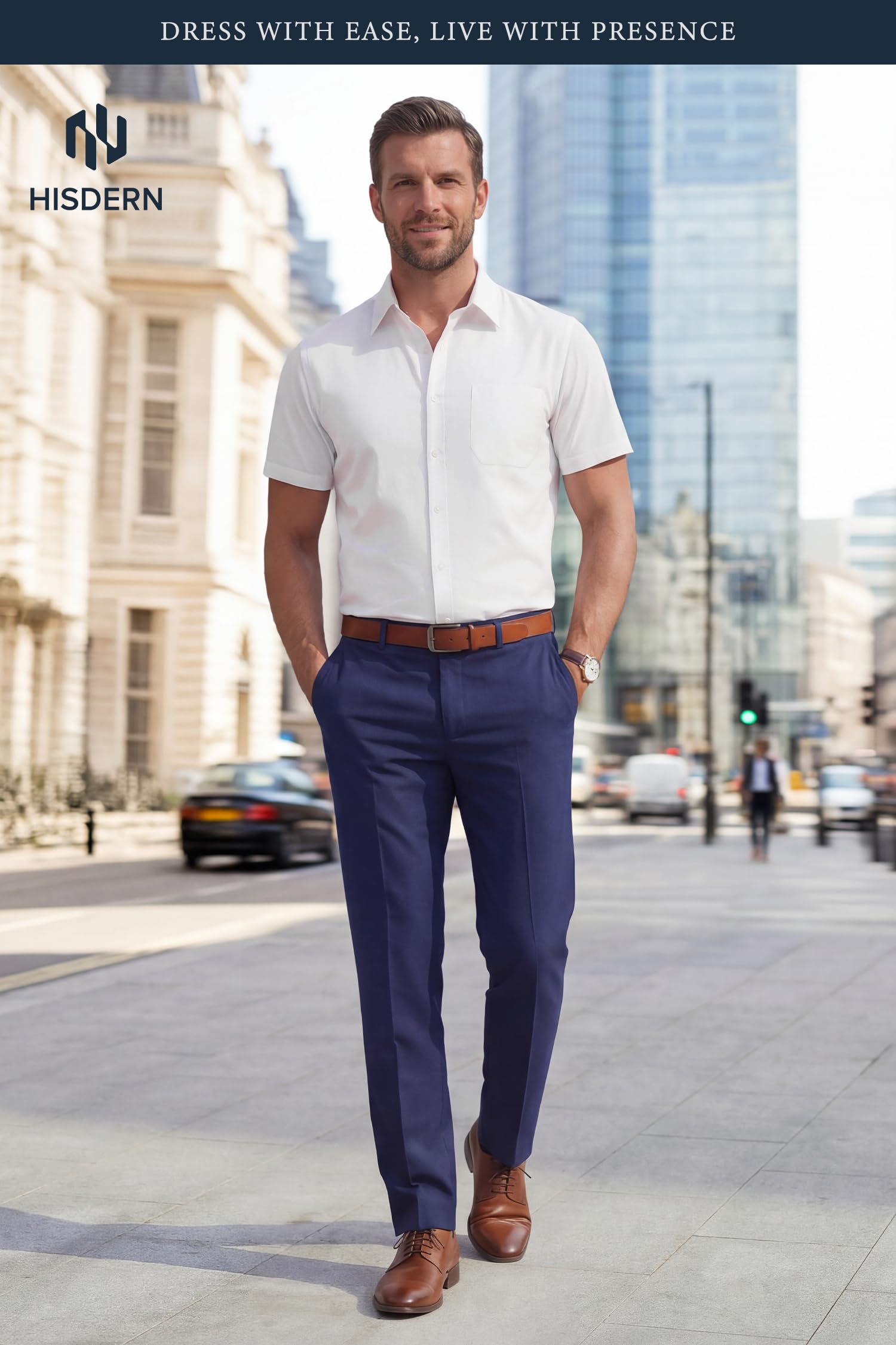 HISDERN Chemise Homme Manches Courtes Stretch sans Repassage Regular Fit Business Décontracté Chemise d'Été Habillée avec Poche
