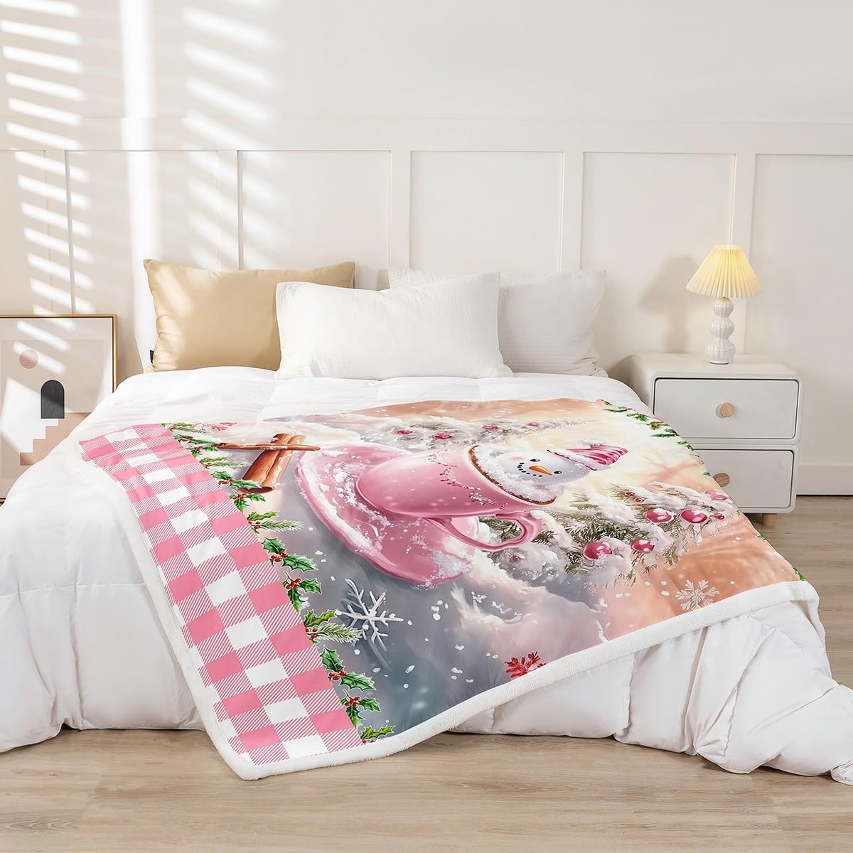 Pink Christmas Kids Flannel Blanket,Cute Snowman Pine Coffee Cup Print Fuzzy Blanket for Children,Lovely Grid Checkered Winter Leaves Polyester Throw Blanket for Couch, Twin Size (60 x 80 Inch)