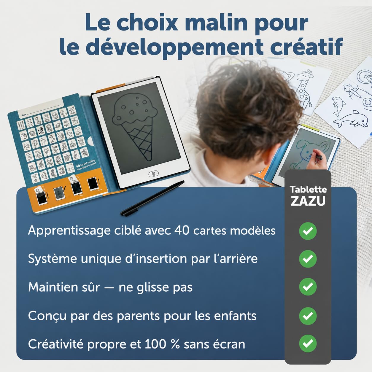 Zazu Fun Tablette à Dessin LCD pour Enfants - 8,5 Pouces Tablette de Dessin avec 40 Cartes de Modèle & Stylo, Fonction d'Effacement & Bouton de Verrouillage - Jouet Éducatif Créatif pour Maison