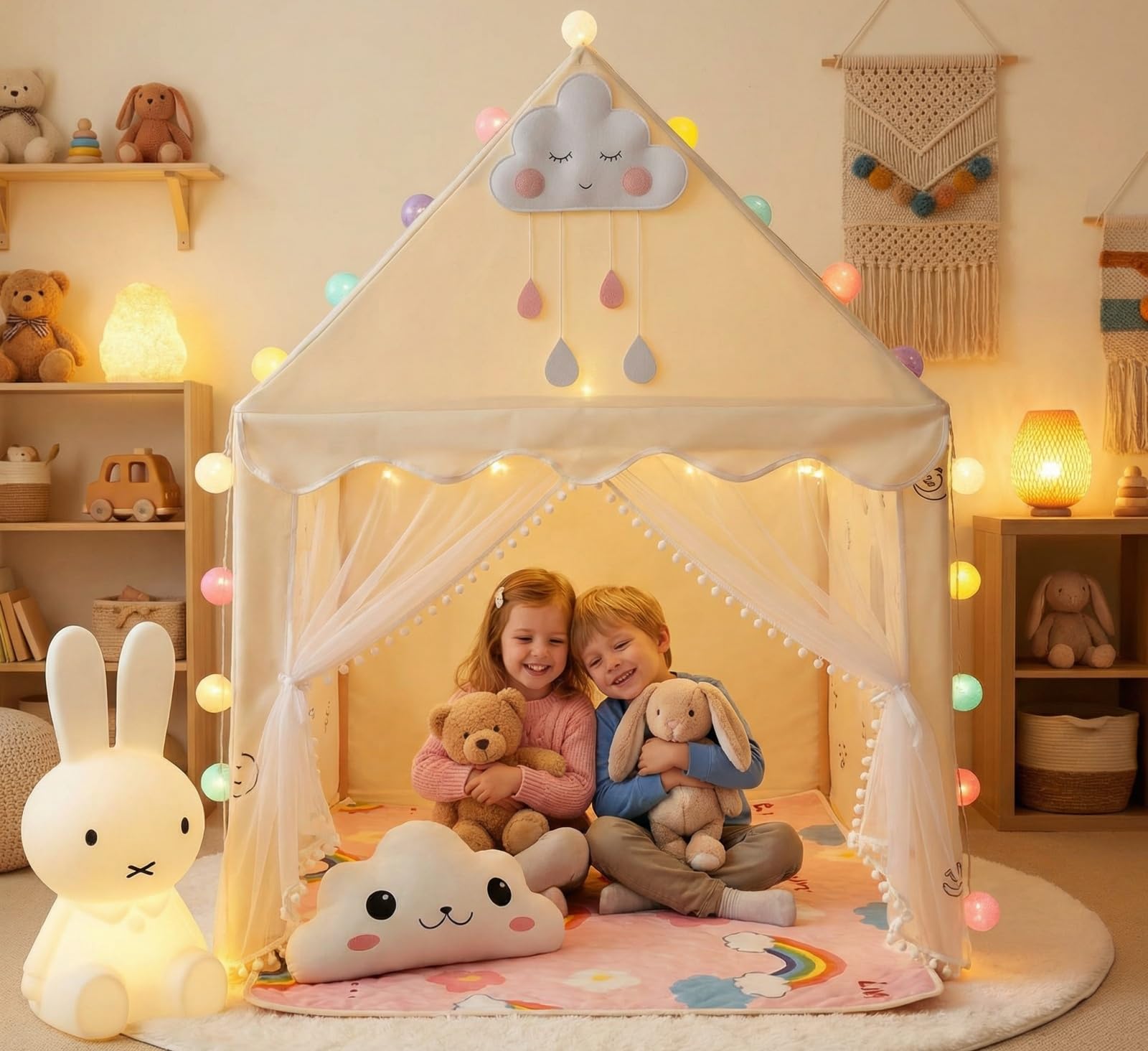 Kids Tent Play House with Lights, Kids Play Tent with Multi-Coloured Ball Lights & Tote Bag & Flags & Clouds, Indoor Outdoor Princess Tents Toddlers Playhouse for Girls Boys Birthday Gifts(Beige)