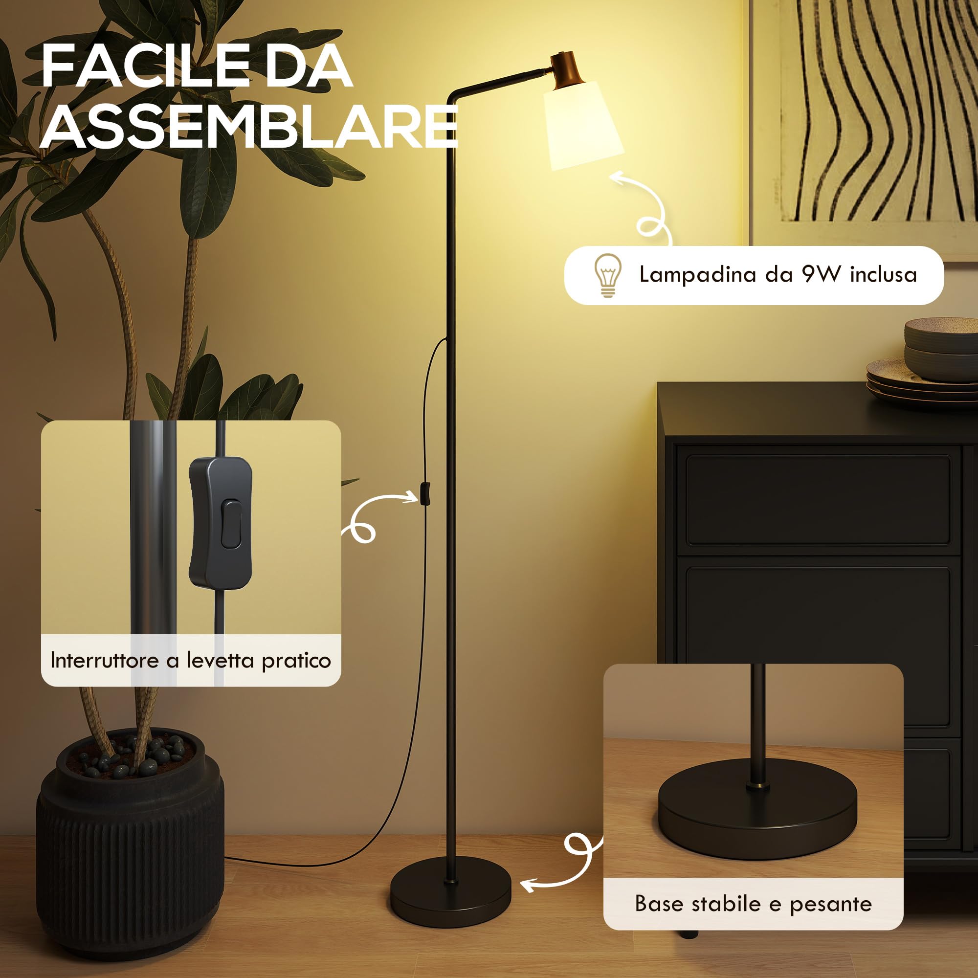 HOMCOM Lampada da Terra LED Regolabile con Testa Girevole a 350°, Lampada Moderna con Regolazione Temperatura del Colore 3000K/4000K/6500K, per Camera e Salotto, Nero