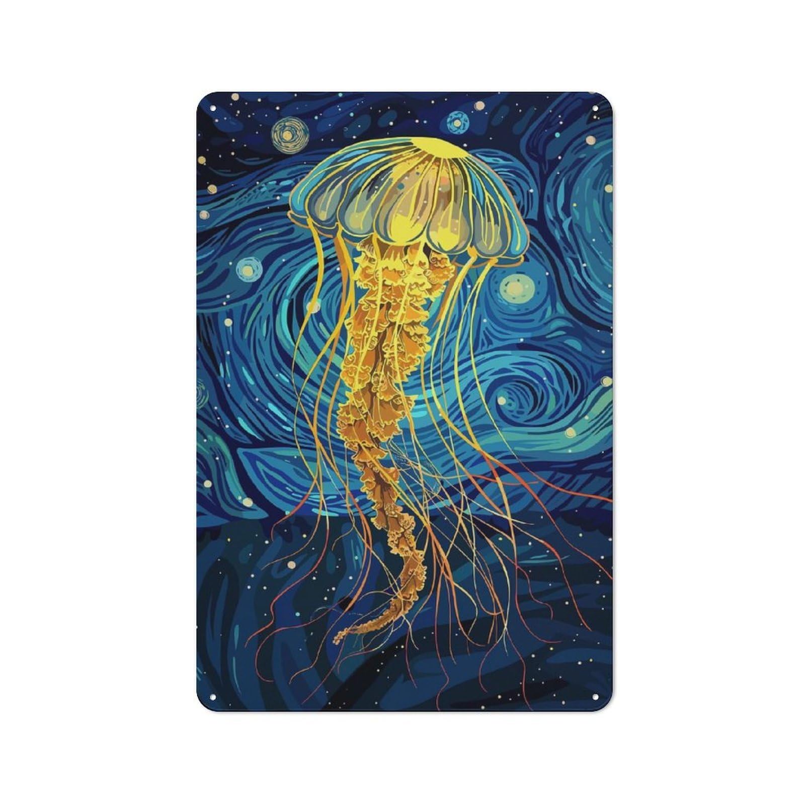 Junmoney Jellyfish In Starry Night Style Metal Wall Sign 30X20cm Featuring For Home Bar Wall, For Themed Interiors In Home Bars And Entertaining Spaces
