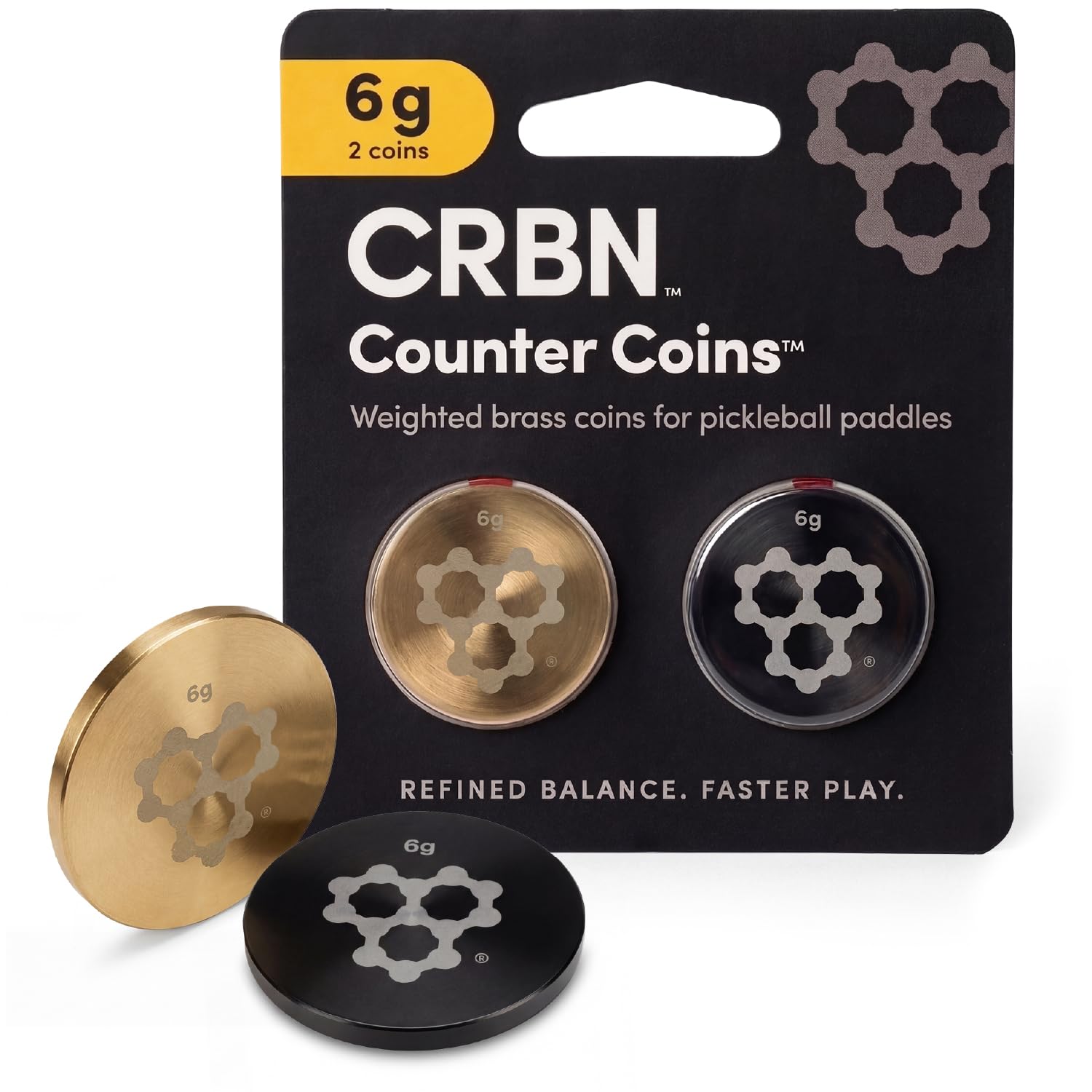 CRBN Counter Coins Pickleball Paddle Weights – Brass Butt Cap Counterbalance, 6g & 12g – Boost Power, Control & Maneuverability – 2 Pack (Black & Gold