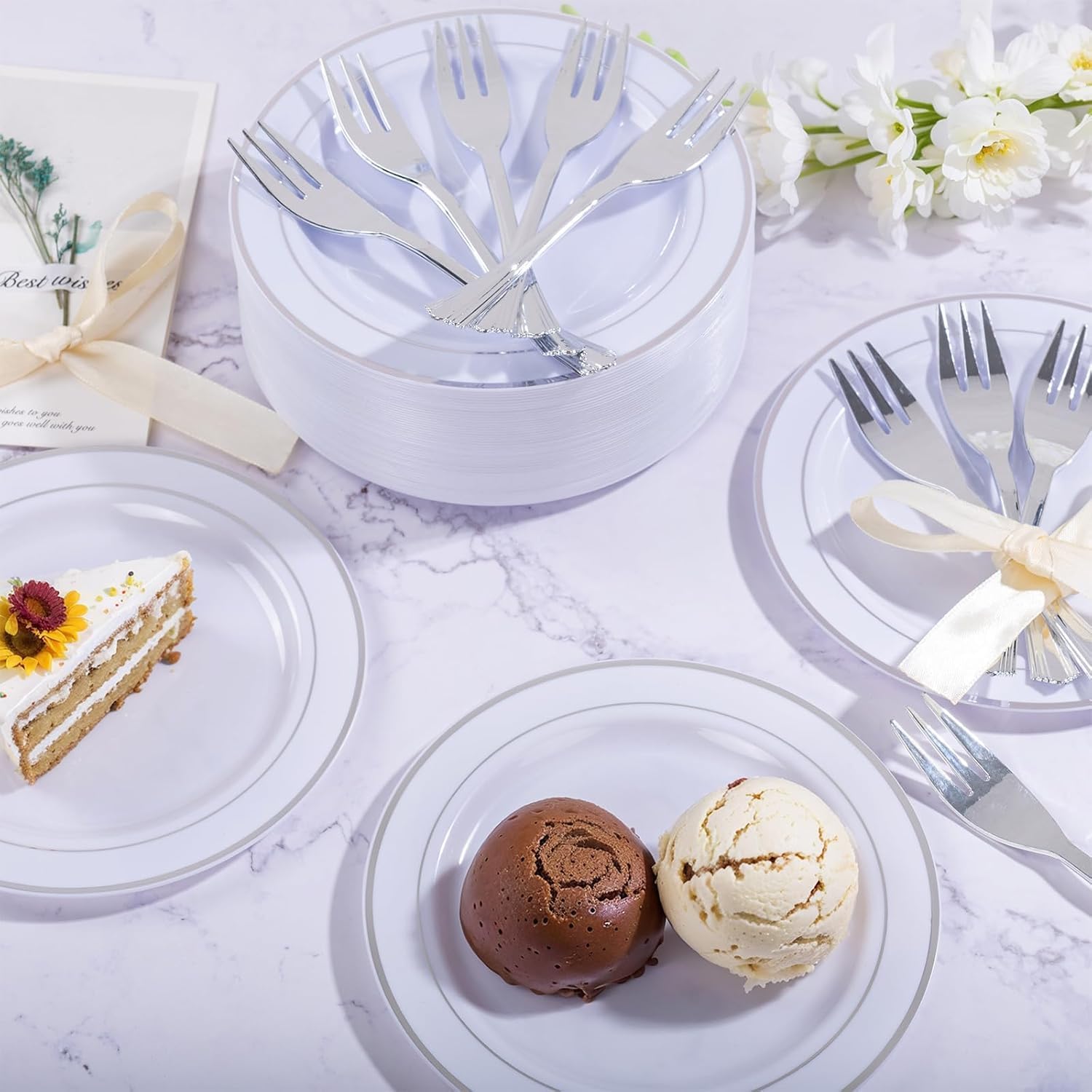 WELLIFE 240PCS Silver Plastic Dessert Plates - Includes 120PCS Silver Forks, 120PCS 6.3 Inch Salad & Appetizer Plates - Perfect for Wedding & Party - Image 4