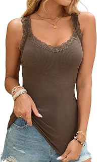 Lace Camisole Tank Tops for Women V Neck Wide Strap Soft Ribbed Lace Trim Cami