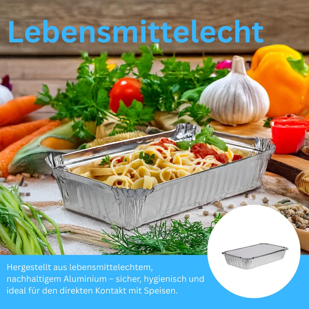 Enpack Aluschale R65-650L - 100 Stück mit Deckel Aluschalen Grill 20x10,5x5 cm - Wärmebehälter- Fettauffangschale als Grill Zubehör, Food Container, kleine Auflaufform - feuerfeste Alu Grillschale