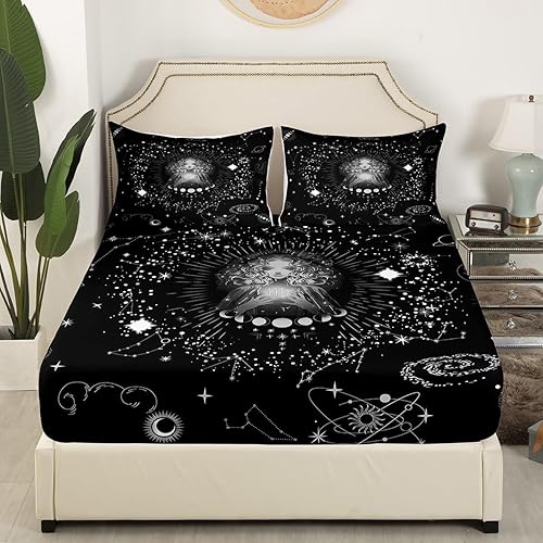 Miniatura 3 de Erosebridal Virgo - Juego de sábanas tamaño matrimonial con constelaciones blancas y negras, juego de cama de horóscopo, hippie, fase lunar, sábana