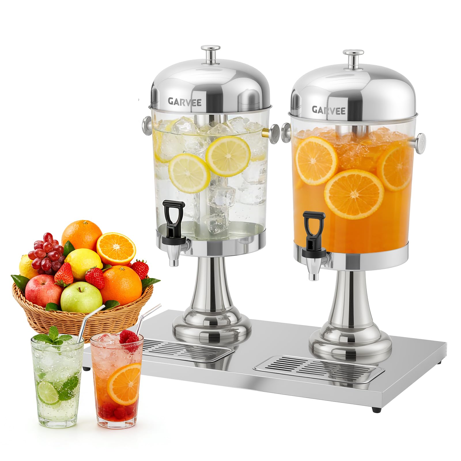 Dispensador de bebidas con núcleo de refrigeración de acero inoxidable, 2 x 8 l, con recipiente transparente de PC y bandeja de goteo, ideal para fiestas, buffet y catering, bebidas calientes y frías