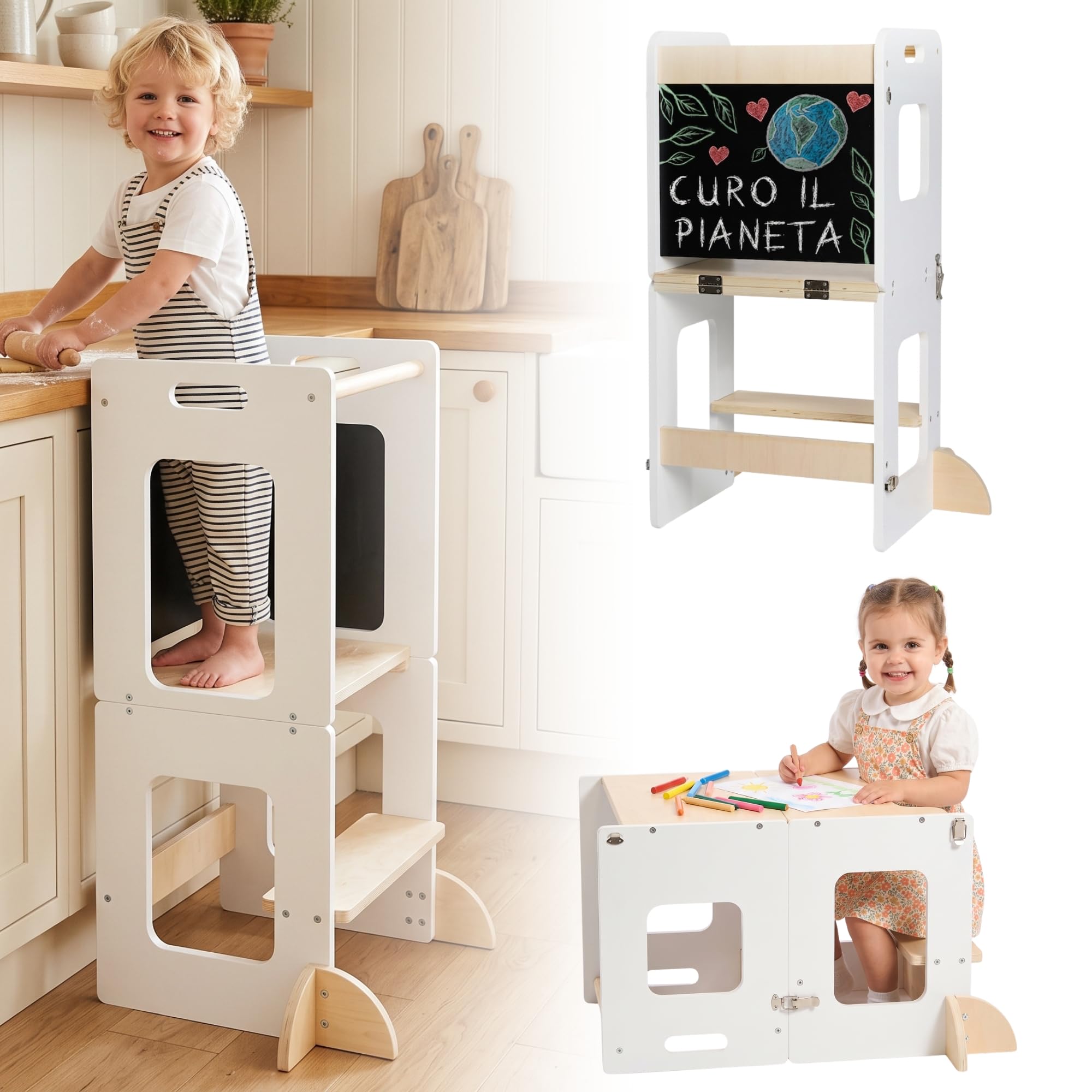 KYWAI® Torre Montessoriana Bambini – Torretta Montessoriana 3 in 1 Premium con Lavagna e Gambe di Sicurezza – Scrivania Pieghevole – Legno Sostenibile – Design Educativo Robusto e Funzionale